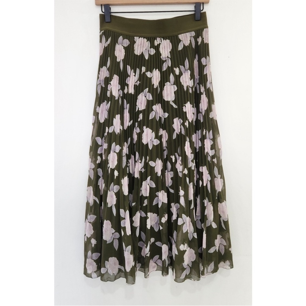 NWOT Wilfred Aritzia Twirl Skirt Olive Green Pink Floral Pleated Midi Skirt - Picture 9 of 10
